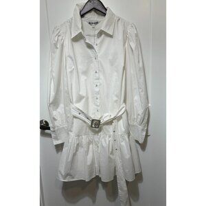 Walter Baker Women's White Belted Puff Sleeve Cotton Shirt Dress Mini Sz L NWT